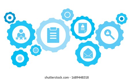 Connected gears and vector icons for logistic, service, shipping, distribution, transport, market, communicate concepts. avatar, user, search gear blue icon set