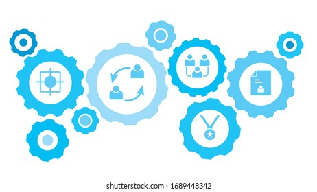 Connected gears and vector icons for logistic, service, shipping, distribution, transport, market, communicate concepts. applicant, candidate, job gear blue icon set