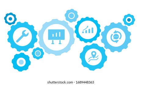 Connected gears and vector icons for logistic, service, shipping, distribution, transport, market, communicate concepts. bubble chat, refresh gear blue icon set