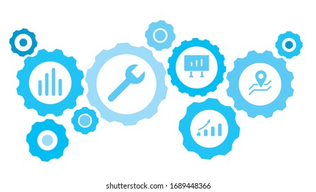 Connected gears and vector icons for logistic, service, shipping, distribution, transport, market, communicate concepts. location, navigation gear blue icon set