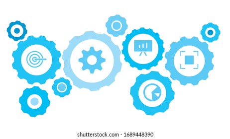 Connected gears and vector icons for logistic, service, shipping, distribution, transport, market, communicate concepts. crosshair, focus gear blue icon set