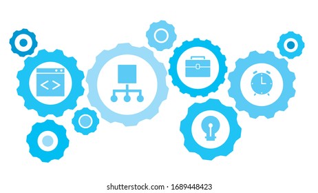 Connected gears and vector icons for logistic, service, shipping, distribution, transport, market, communicate concepts. alarm, clock gear blue icon set