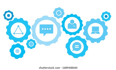 Connected gears and vector icons for logistic, service, shipping, distribution, transport, market, communicate concepts. notebook gear blue icon set