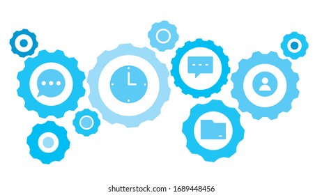 Verbundene Zahnräder und Vektorsymbole für Logistik, Service, Versand, Vertrieb, Transport, Markt, Kommunikationskonzepte. Avatar, Profil-Zahnrad-blaues Symbol-Set