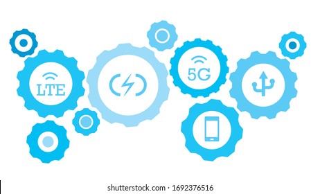 Gases conectados e iconos vectoriales para logística, servicio, envío, distribución, transporte, mercado, comunicación conceptos. conjunto de iconos azul del engranaje usb
