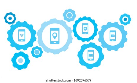 Connected gears and vector icons for logistic, service, shipping, distribution, transport, market, communicate concepts. phone, message gear blue icon set