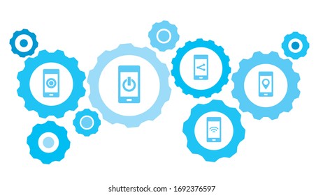 Connected gears and vector icons for logistic, service, shipping, distribution, transport, market, communicate concepts. phone, location gear blue icon set