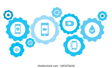 Connected gears and vector icons for logistic, service, shipping, distribution, transport, market, communicate concepts. check, drop, select, water gear blue icon set