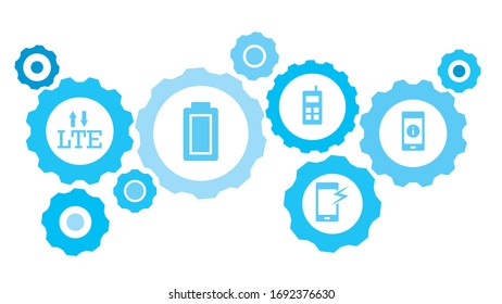 Connected gears and vector icons for logistic, service, shipping, distribution, transport, market, communicate concepts. mobile, information gear blue icon set