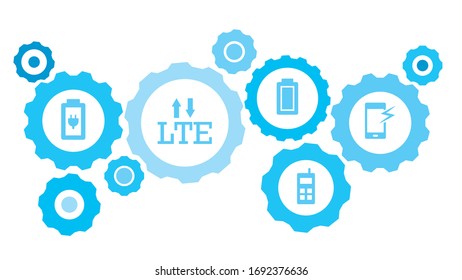 Connected gears and vector icons for logistic, service, shipping, distribution, transport, market, communicate concepts. broken, phone, mobile gear blue icon set