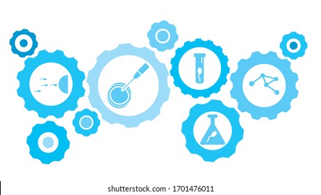Connected gears and vector icons for logistic, service, shipping, distribution, transport, market, communicate concepts. Cell, artificial insemination gear blue icon set