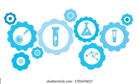 Connected gears and vector icons for logistic, service, shipping, distribution, transport, market, communicate concepts. Test tube gear blue icon set