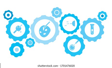 Gases conectados e iconos vectoriales para logística, servicio, envío, distribución, transporte, mercado, comunicación conceptos. Inseminación artificial, conjunto de iconos azules del engranaje espermatozoide