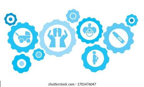 Connected gears and vector icons for logistic, service, shipping, distribution, transport, market, communicate concepts. Pregnant, gym, husband gear blue icon set