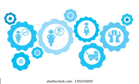 Gases conectados e iconos vectoriales para logística, servicio, envío, distribución, transporte, mercado, comunicación conceptos. Bebé, conjunto de iconos azules de los engranajes del coche