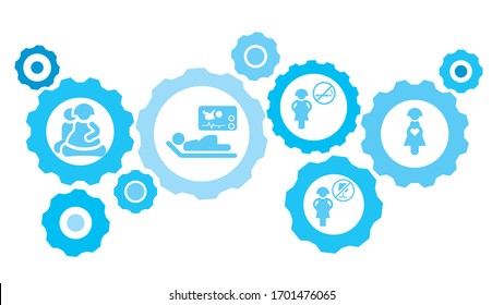 Connected gears and vector icons for logistic, service, shipping, distribution, transport, market, communicate concepts. Pacifier gear blue icon set