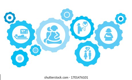 Connected gears and vector icons for logistic, service, shipping, distribution, transport, market, communicate concepts. Mother, baby gear blue icon set