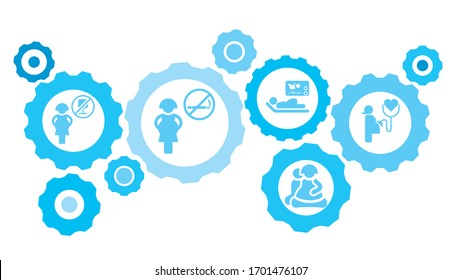 Connected gears and vector icons for logistic, service, shipping, distribution, transport, market, communicate concepts. Life, pregnant, medicine gear blue icon set
