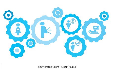 Connected gears and vector icons for logistic, service, shipping, distribution, transport, market, communicate concepts. Pregnant test, baby, roentgen gear blue icon set