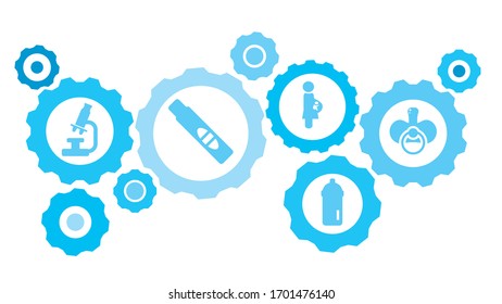 Connected gears and vector icons for logistic, service, shipping, distribution, transport, market, communicate concepts. Pacifier gear blue icon set
