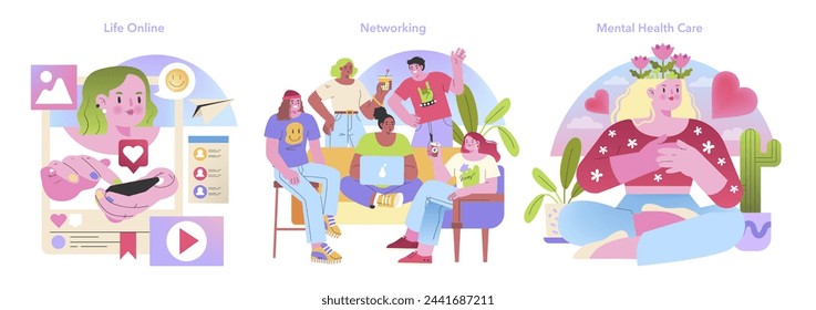 Connected Generation set. Youth immersed in social media, networking, and mental wellness. Virtual engagement, community building, self-care focus. Vector illustration