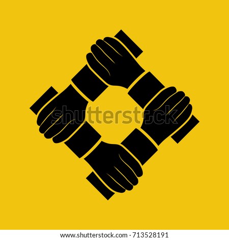 Connected  hands silhouette icon isolated on background. Symbol of unification pictogram. Businessmen in suits. Vector illustration, flat design. Template for text, slogans, quotes. Team of people. 