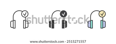 Connected headphones different style icon set. Line, glyph and filled outline colorful version, outline and filled vector sign. Headphones with check mark symbol, logo illustration. Vector graphics