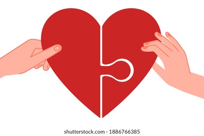 Connected hearts. Find love, hands holding half of red heart puzzle. People feelings metaphor, passion friendship or human relationship vector concept