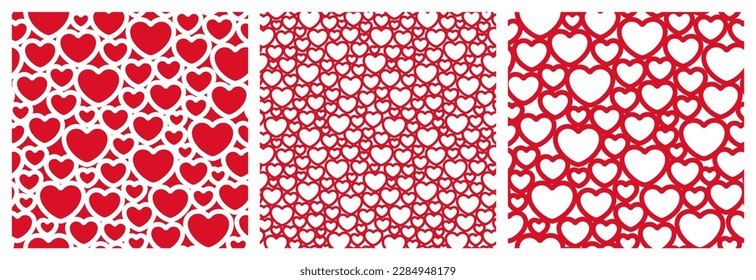 Connected hearts vector seamless pattern set for laser cut decoration, gift wrapping or shop banner. Red and white repeated design with different size romantic symbol.