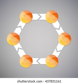 Connected hexagonal infographic diagram with 6 options. Isolated paper sequence banner for tutorial. EPS10 glossy progress steps template.