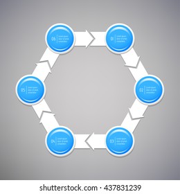 Connected hexagonal infographic diagram with 6 options. Isolated paper sequence banner for tutorial. EPS10 glossy progress steps template.
