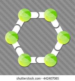 Connected hexagonal infographic diagram with 6 options. Isolated paper sequence banner for tutorial. EPS10 glossy progress steps template.