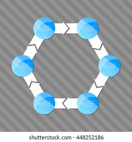 Connected hexagonal infographic diagram with 6 options. Isolated paper sequence banner for tutorial. EPS10 glossy progress steps template.