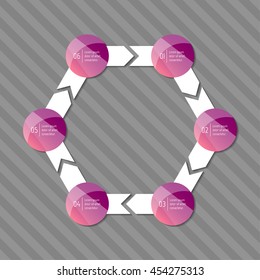 Connected hexagonal infographic diagram with 6 options. Isolated paper sequence banner for tutorial. EPS10 glossy progress steps template.