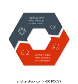 Connected hexagonal infographic diagram. Circular chart with 2 options. Paper progress steps for tutorial with two parts. Isolated business concept sequence banner. EPS10 polygonal workflow layout.