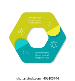 Connected hexagonal infographic diagram. Circular chart with 2 options. Paper progress steps for tutorial with two parts. Isolated business concept sequence banner. EPS10 polygonal workflow layout.