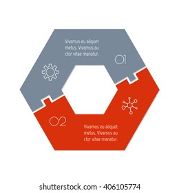 Connected hexagonal infographic diagram. Circular chart with 2 options. Paper progress steps for tutorial with two parts. Isolated business concept sequence banner. EPS10 polygonal workflow layout.