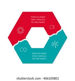 Connected hexagonal infographic diagram. Circular chart with 2 options. Paper progress steps for tutorial with two parts. Isolated business concept sequence banner. EPS10 polygonal workflow layout.