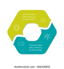 Connected hexagonal infographic diagram. Circular chart with 2 options. Paper progress steps for tutorial with two parts. Isolated business concept sequence banner. EPS10 polygonal workflow layout.