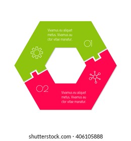 Connected hexagonal infographic diagram. Circular chart with 2 options. Paper progress steps for tutorial with two parts. Isolated business concept sequence banner. EPS10 polygonal workflow layout.