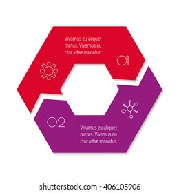 Connected hexagonal infographic diagram. Circular chart with 2 options. Paper progress steps for tutorial with two parts. Isolated business concept sequence banner. EPS10 polygonal workflow layout.