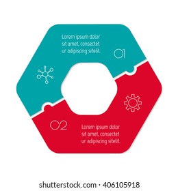 Connected hexagonal infographic diagram. Circular chart with 2 options. Paper progress steps for tutorial with two parts. Isolated business concept sequence banner. EPS10 polygonal workflow layout.