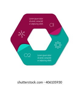 Connected hexagonal infographic diagram. Circular chart with 2 options. Paper progress steps for tutorial with two parts. Isolated business concept sequence banner. EPS10 polygonal workflow layout.