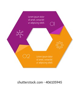 Connected hexagonal infographic diagram. Circular chart with 2 options. Paper progress steps for tutorial with two parts. Isolated business concept sequence banner. EPS10 polygonal workflow layout.
