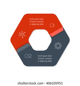 Connected hexagonal infographic diagram. Circular chart with 2 options. Paper progress steps for tutorial with two parts. Isolated business concept sequence banner. EPS10 polygonal workflow layout.