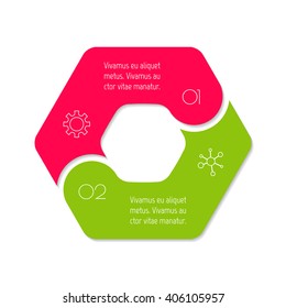 Connected hexagonal infographic diagram. Circular chart with 2 options. Paper progress steps for tutorial with two parts. Isolated business concept sequence banner. EPS10 polygonal workflow layout.