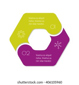 Connected hexagonal infographic diagram. Circular chart with 2 options. Paper progress steps for tutorial with two parts. Isolated business concept sequence banner. EPS10 polygonal workflow layout.