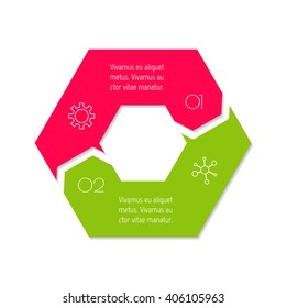 Connected hexagonal infographic diagram. Circular chart with 2 options. Paper progress steps for tutorial with two parts. Isolated business concept sequence banner. EPS10 polygonal workflow layout.