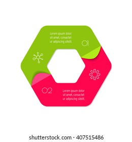 Connected hexagonal infographic diagram. Circular chart with 2 options. Paper progress steps for tutorial with two parts. Isolated business concept sequence banner. EPS10 polygonal workflow layout.