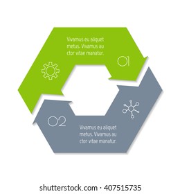Connected hexagonal infographic diagram. Circular chart with 2 options. Paper progress steps for tutorial with two parts. Isolated business concept sequence banner. EPS10 polygonal workflow layout.